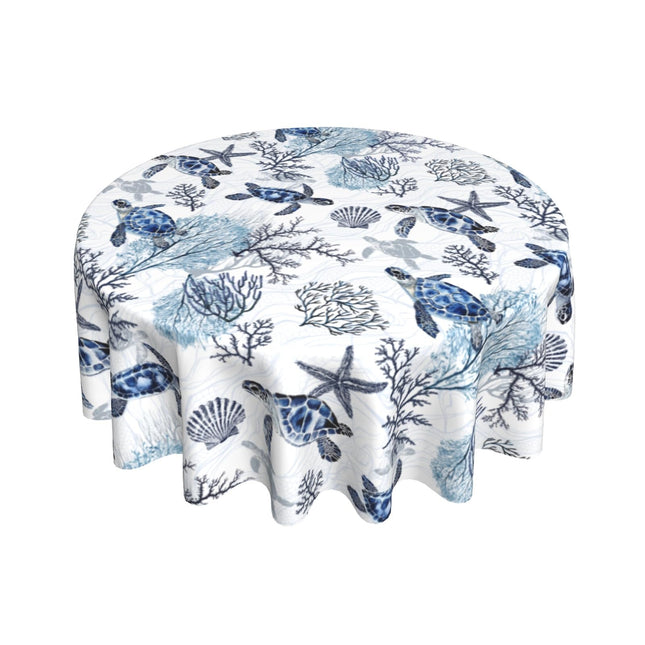 Giwawa 60in Sea Turtles Round Tablecloth, Nautical Coastal Blue Tortoise Table Cover, Beach Themed Coral Starfish Washable Table Cloth for Dining Kitchen Picnic Indoor Outdoor Decor