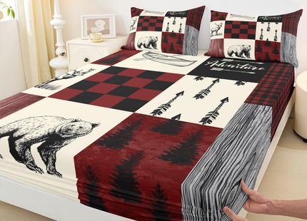 Rustic Lodge Bear Moose Deer Sheet Set Full,Patchwork Red Black Buffalo Check Plaid Bed Sheets Set Farmhouse Hunting Woodland Animal Bedding,Camping Cabin Fitted Sheet + Flat Sheet + 2 Pillow Cases
