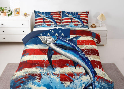 Marlin Swordfish Comforter Set Boys American Flag Bedding Set, Hunting and Fishing Comforter for Kids Teens Adult Bedroom Marine Life Ocean Animal Down Comforter with 1 Pillow Case, Blue Red, Twin