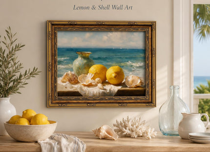 Vintage Gold Framed Lemon Seashell Coastal Canvas Wall Art 12x16 In