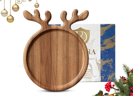 Dofira Acacia Wood Serving Platter, Christmas Decorative Reindeer Antler, 12"x10"Round Wooden Food Dish Display Plate, Charcuterie Board Tray for Cheese Fruit, Kitchen Gift for Mother’s Day (Gift Box)
