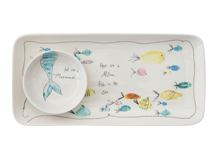 Creative Co-Op Coastal Stoneware Serving Platter and Dip Dish with Mermaid and Sea Life Illustrations, Multicolor