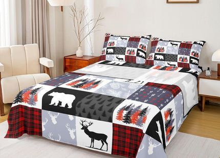Teens Hunting Moose Deer Bed Sheets, Bear Trees And Vines Patchwork Fitted Sheet Twin For Kids Boys Girls, Rustic Wildlife Sheet Set Farmhouse Country Top Sheet, Red Black Plaid With White And Gray