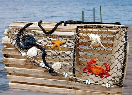 Decorative Lobster Trap Nautical Coastal Decor – Distressed Wood with Fishnet, Seashells, Crab & Starfish Accents – Perfect Beach House, Boat Decoration – Unique Ocean-Themed Gift for Sea Lovers