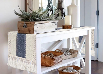 yuboo Table Runner 72 Inches Long, Blue and White Table Runner - Farmhouse Coastal Boho Macrame Dresser Runners for Bedroom, Dining & Coffee Table with Tassels