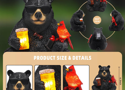YHSOLAR Solar Black Bear Statue for Garden with Beer and Cardinals