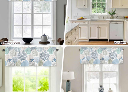 Ocean Theme Coral Shell Starfish Window Valance for Kitchen,Teal Blue Marine Sealife Rod Pocket Curtain Valances Short Curtains Drapes Panel,Coastal Window Treatment Topper for Living Room 42x12in