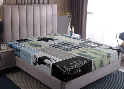 Rustic Patchwork Fitted Sheet, Checkered Buffalo Plaid Bedding Set for Kids Teens Adult, Woodland Wildlife Bear Moose Elk Pine Trees Pattern Printed Bed Sheets Farmhouse Decorations, Twin Size