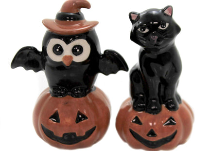 Fine Ceramic Thanksgiving Halloween Black Cat & Owl on Pumpkin Salt & Pepper Shakers Set, 3-3/4" H