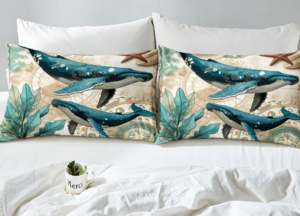 Whale Duvet Cover Queen,Nautical Coastal Comforter Cover,3D Whale Print Decorative Bedding Retro Marine Life Quilt Cover Teal Sea Animal Bedding Sets Ocean Park Theme Bedspreads Cover Kids Boys Girls