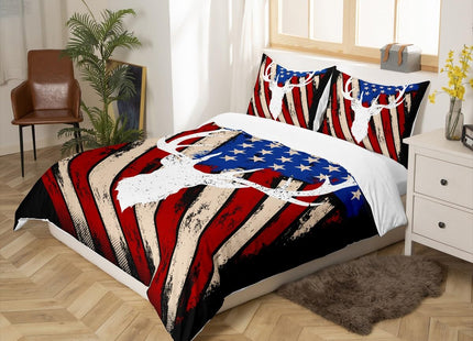 American Flag Retro Duvet Cover Set Full Size,Deer Antlers Animal Comforter Cover,Boys Adults Xmas/Bedroom Decor,Red Blue Stars Striped Bedding Set,Rustic Hunting Farmhouse Quilt Cover,2 Pillowcases