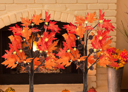 YEAHOME Fall Decorations for Home, 2 Pack 24”/2FT Lighted Fall Maple Leaves Tree with Warm White LEDs Autumn Decor, Pine Cone, Acorn Ornaments Battery Powered Timer for Thanksgiving