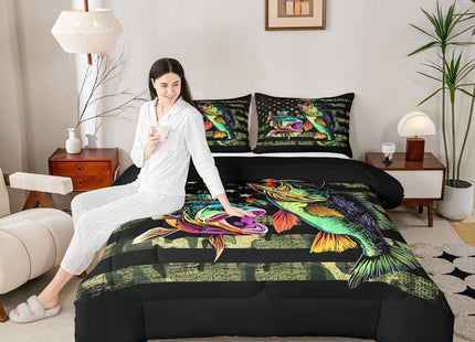 Castle Fairy Bass Fish Camouflage Comforter Set Twin,Pike Fish Camo Bedding Set for Women Men Room,Kids Farmhouse Fishing Decor Comforter Fishman Wild Quilt Set Down Comforter,Green Black