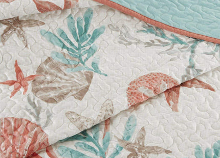 DH 6 Piece Vibrant Orange Pink Blue White King Quilt Set, Coral Tourquoise Teal Starfish Beach Themed Bedding Sea Shell Anchor Reversible Nautical Coastal Sand Dollar Ocean Sea Life, Cotton