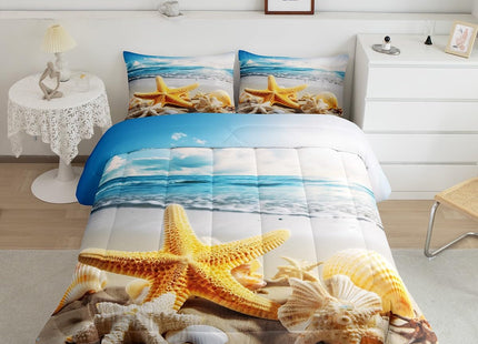 Erosebridal Coastal Beach Bedding Full Ocean Theme Comforter Set, Sea Marine Bedding Comforters & Sets Coastal Wildlife Duvet Sets, Kawaii Seashell Starfish Quilt Sets Blue Sky Decoratives 3 Pieces