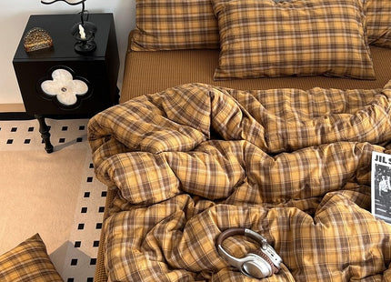 CCoutueChen Brown Gingham Comforter Set Full Size, Tan Plaid Checked Bedding Set, Cabin Lodge Ultra Soft Lightweight Comforter, 3 Pieces, 79 * 90