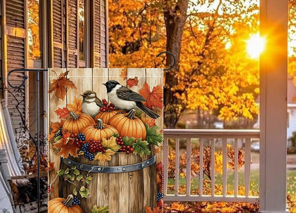 Fall Chickadee Garden Flag, Autumn Pumpkin Harvest Wooden Barrel Outdoor for Decor, Double Sided Burlap Maple Leaf Farmhouse Home Decor Yard Party Thanksgiving Decoration 12x18 Inch
