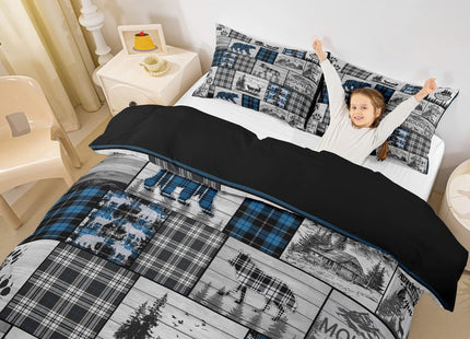 Hunting Wolf Bear Deer Bedding Set For Kids Boys Retro Blue Black Grey Plaid Buffalo Plaid Lodge Comforter Cover King Rustic Farmhouse Cabin Duvet Cover Woodland Animal Bed Set 2 Pillow Cases