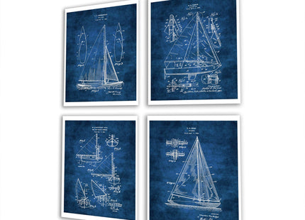 GnosisCollageArt Sailing Decor Gift Sailboat Blueprint Wall Art Set of 4 Unframed Prints