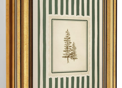 Vintage Gold Framed Wall Art Green Striped Pine Tree Botanical Canvas Print