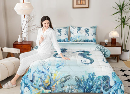 Manfei Hippocampus Comforter Set Twin Size, Sea Turtle Seahorse Octopus Quilt Set with 1 Pillowcase, Nautical Anchor Compass Bedding Set 2pcs for Kids Boy Girls Marine Life Duvet Insert