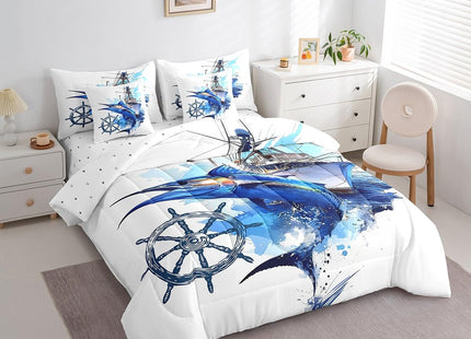 Feelyou Blue Big Pike Fishing Comforter Set with Sheets Summer Hunting and Fishing Ocean Themed 7 Piece Bedding Set Kids Boys Sailboat Compass Bass Big Fish Bed in a Bag Independence Day Queen Size
