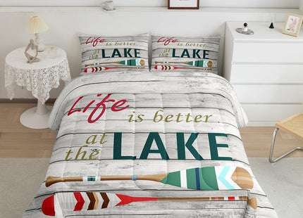 Castle Fairy Green Oar Comforter for Kids Boys Girls Lake Boating All Season Cozy Comforter Set Full Size Rustic Style Wooden Stripes Duvet Set Home Decor，2 Pillowcases