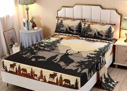 LUVIVIHOME 4PCS Black Bear Deer Sheets Set, Full Bed Sheets, Deer Bedding, Moose Elk Forest Animal Hunting Lodge Rustic Cabin Farmhouse Bedding Set, 1 Fitted Sheet & 1 Flat Sheet with 2 Pillowcases