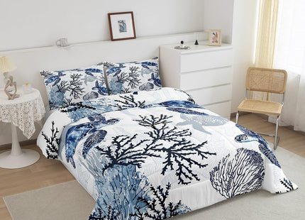 Homewish Sea Turtle Comforter Set Full Size,Coral Bedding Set 3pcs for Kids Boys Girls Adults Room Decor,Ocean Creature Quilt Set White Navy Blue Microfiber Duvet Insert with 2 Pillowcases