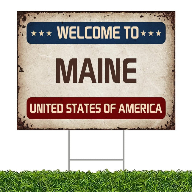 Welcome to United States Decoration Yard Sign | Welcome to US City Sign | Maine Yard Sign | 18x24 Inches Yard Sign with Metal H Stake (Double Sided)
