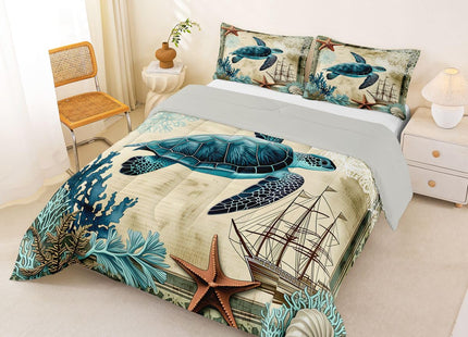 Erosebridal Turtle Bedding Teal Turtle Comforter Set Turquoise Ocean Themed Mediterranean Style Printed Design Ocean Turtle Down Comforter Quilted Duvet Set Full Size 1 Comforter 2 Pillowcases