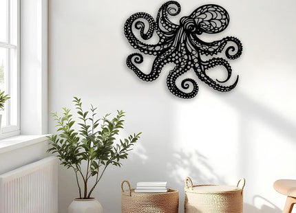 Octopus Metal Wall Decor - Gothic Nautical Room Decor Wall Art Home Decor for Living Room, Bedroom, Dining Room, Bathroom, Office, Coastal, Beach (Black)