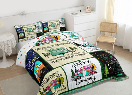 Erosebridal Camping Decor Quilt King,Camper Bedding Set Patchwork Style Wooden Cabin Comforter Set for Girls Women,Rustic Happy Camping Duvet Insert Retro Camp Travel Car Bedroom Decor