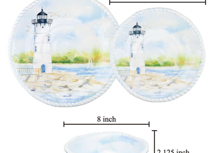 UPware 12 Piece Coastal Lighthouse Melamine Dinnerware Sets, Outdoor Dishes Set, Plates and Bowls Sets, Service for 4, Blue