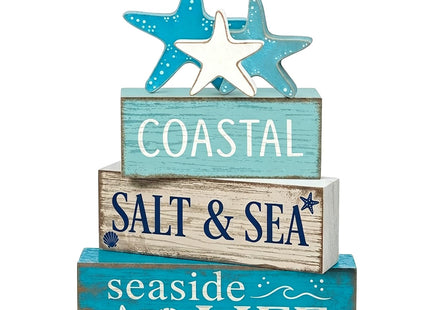 4 Pcs Summer Beach Table Decor Starfish & Seashell Coastal Nautical Wooden Block Signs, Rustic Farmhouse Tiered Tray Decorations for Home Bathroom Office Desk Shelf Mantel