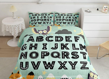 Feelyou Alphabet Kids ABC Learning Comforter Set All Season Cute Fox Bedding Set with 1 Pillow Cases Educational Nursery Art Kids Toddler Bedclothes Woodland Animals Bedroom Decor Duvet Quilt