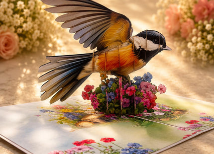 Chickadee Pop Up Card 3D – Songbird & Wildflower Greeting Card, Handmade Bird Popup Card for Birthday, Mother's Day, Thank You, Anniversary, Bird Lovers A57
