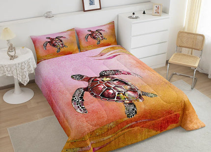 Sea Turtle Kids Ombre Gradient Bedding Set, Girls Tortoise Reptile Duvet Set with Geometric Stripes, Pastel Marine Life Quilted Comforter, Queen