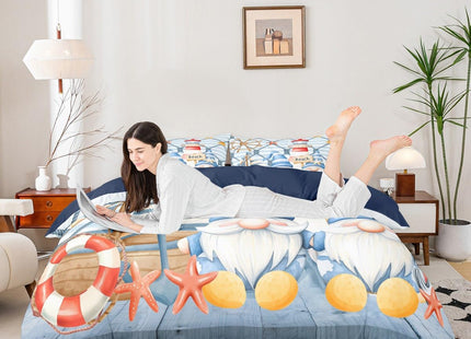 Ocean Nautical Bedding Set King Size Blue Sea Themed Xmas Gnome Duvet Cover for Boys Kids Girls Room Decor Cartoon Starfish Anchor Rudder Stripes Comforter Cover Rustic Farmhouse Quilt Cover 3pcs