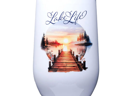 Spoontiques Lake Life Stainless Steel Tumbler - Insulated Wine Tumbler with Lid – Double Wall Stainless Steel Stemless Wine Glass – 16oz - 5 5/8" Tall
