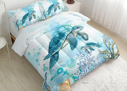 Nttopship Azure Sea Turtle Comforter Set - Twin Size, Ocean Theme Bedding Set for Kids - All Season Comforter and 2 Pillowcases