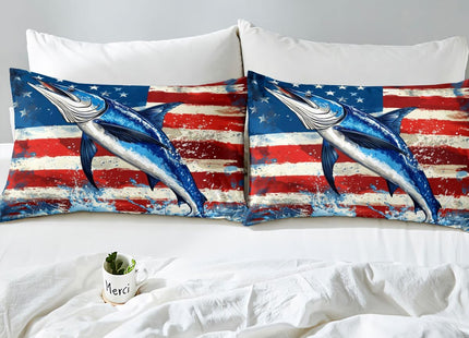 Marlin Swordfish Bed Sheets Boys American Flag Fitted Sheet, Hunting and Fishing Sheet Set for Kids Teens Adult Bedroom Marine Life Ocean Animal Top Sheet with 1 Pillow Case, Blue Red, Twin