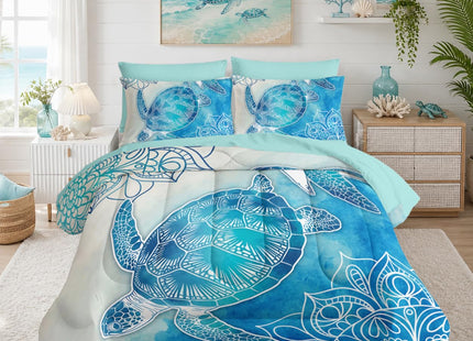 HOSIMA 7Pcs Sea Turtle King Comforter Set Ocean Themed Animal Bedding.