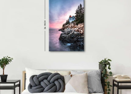 Maine Beach Wall Art Sunset Ocean Bass Harbor Lighthouse Wall Decor Nature Coastal Landscape Pictures Acadia National Park Canvas Painting Seascape Artwork for Bathroom Bedroom Home Decoration 24x36"