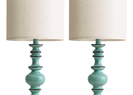 BOBOMOMO 24" Farmhouse Table Lamps Set of 2 – Distressed Teal Lamps with Linen Shades, Cottage Style Bedside Lamps for Bedroom, Living Room, or Entryway, Medium Height Lamps with Coastal Vintage Charm