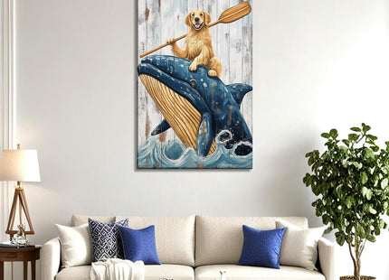 Funny Dog Riding Whale Bathroom Wall art Golden Retriever Picture Canvas Prints Ocean Waves Paintings Rustic Coastal Artwork for Living Room Home Wall Decor Framed - 12.00"x18.00"