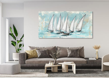 Shoci Ocean Sailboat Wall Art, White Sailing Boat Canvas Decor, 24" X 48"