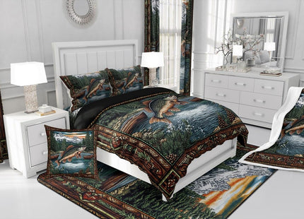 Castle Fairy Fishing and Hunting Comforter Set King Size,Pike Fish Bass Big Fish Down Alternative Adults Bedroom Decor,Lake House Ultra Soft Microfiber Inner Fill 3 Pcs Bedding