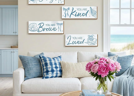 Riletese 4 Pcs Blue Coastal Wall Decor, Positive Affirmations Wall Art Decor, Inspirational Wooden Signs, Beach Boho Bow Wall Art Hanging Plaques, Perfect for Girls Bedroom, Bathroom, Living Room