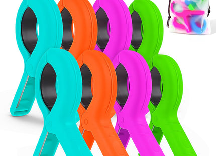 QOPAHI Beach Towel Clips for Beach Chairs Cruise, Strong Grip Clothes Pins Non-Slip Pool Chair Clips, Quilt Drying Clip for Laundry Towel Clothes Blankets Set of 8, with Drawstring Bag(4 Colors)